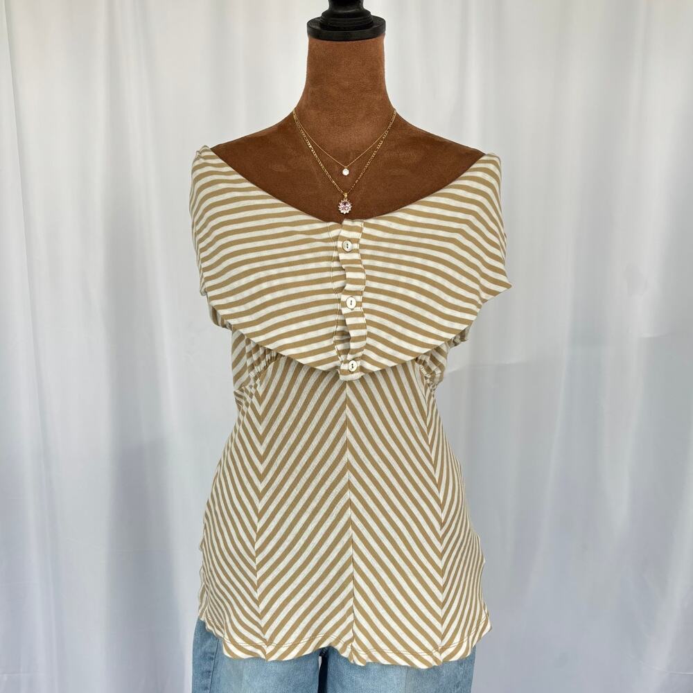 Pilcro Anthropologie‎ Tan White Striped Button Cape Blouse Off Shoulder Medium